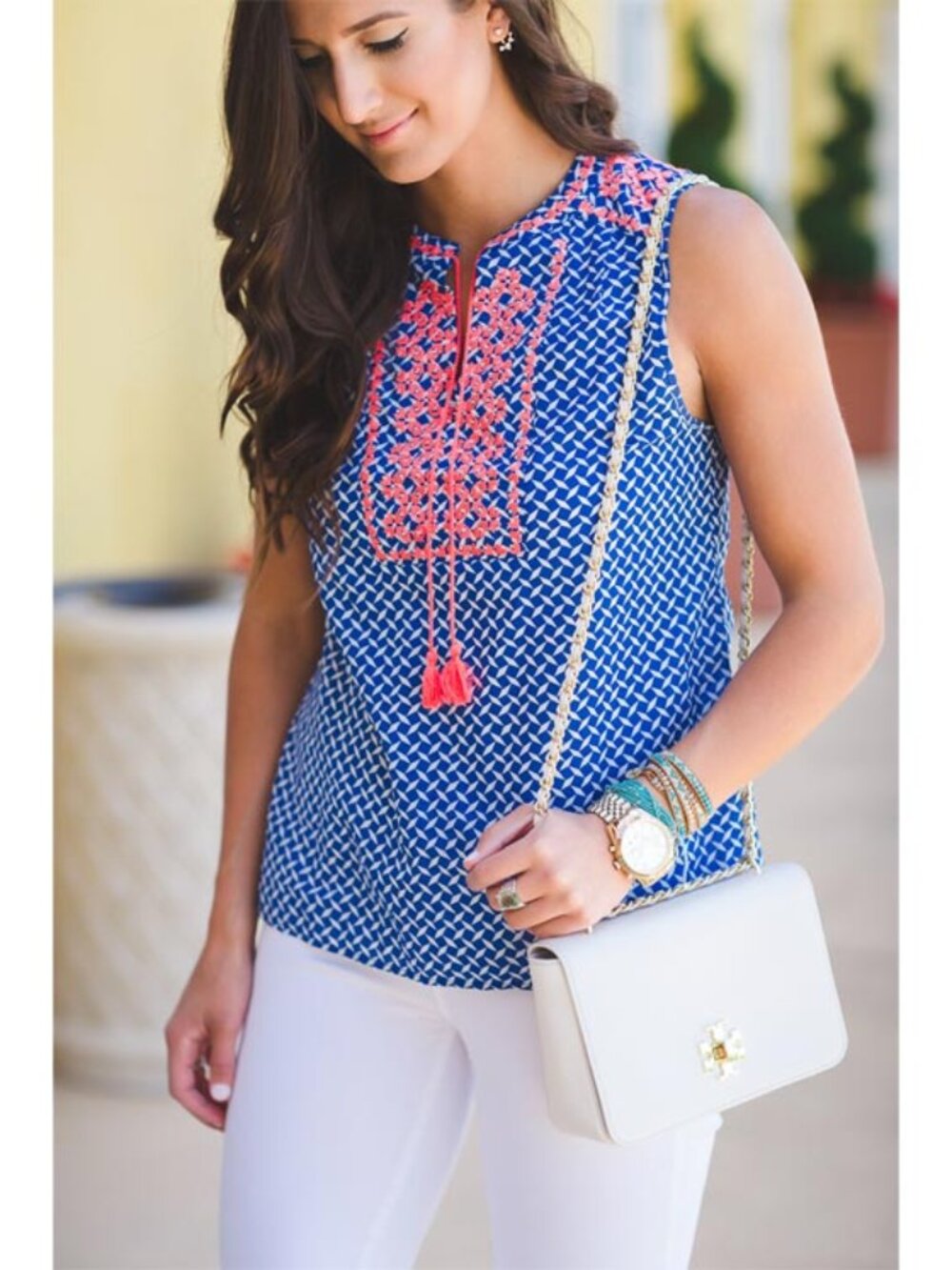 J. Crew Blue White and Red Embroidered Tank Top - Women's Size 8